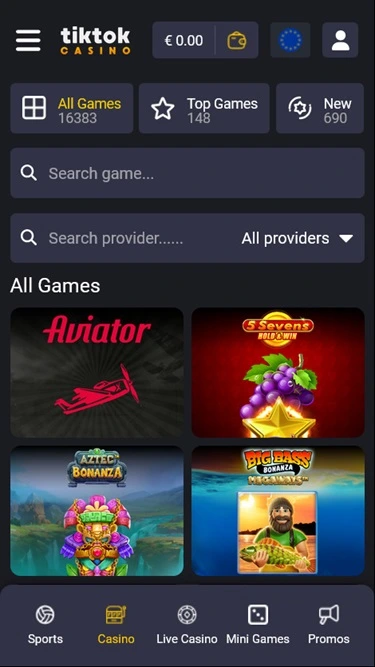 tiktok casino mobile lobby